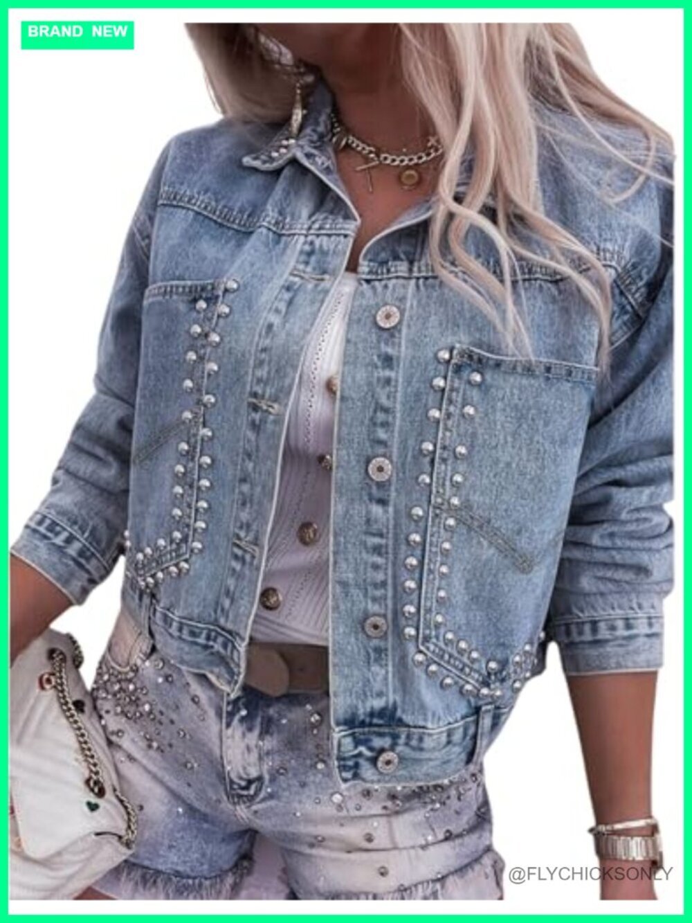 Women's Cropped Studded Denim Jacket Long Sleeve Button Down Distressed Rivet